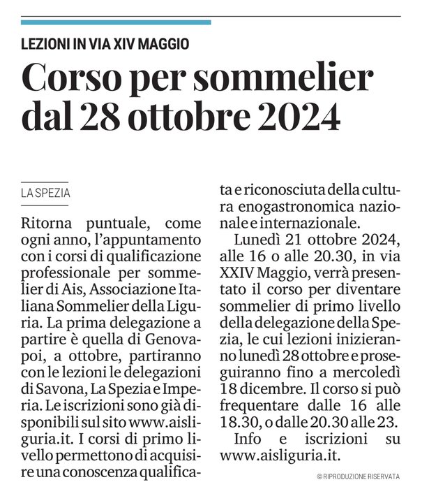 <p>Corso per sommelier dal 28 ottobre 2024</p>